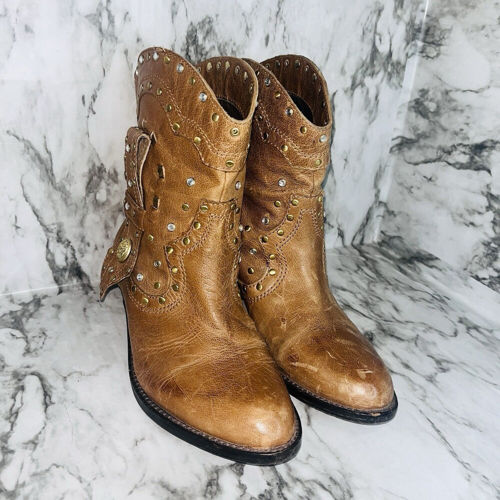 Vince Camuto Madalissa Studded Western Cowboy Ankle Boots Brown Gold Women 6.5